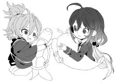 10s 2boys ahoge catfish fish greyscale long_hair male_focus monochrome multiple_boys namazuo_toushirou name_connection nekonomanma object_namesake open_mouth ponytail smile touken_ranbu turtle urashima_kotetsu white_background
