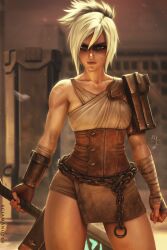 1girl 2019 arena artist_name bandaged_arm bandages breasts brown_eyes chain clenched_hands collarbone commentary corset dark-skinned_female dark_skin dated dress english_commentary facepaint highres holding holding_sword holding_weapon league_of_legends long_hair nose ponytail riven_(league_of_legends) scar sciamano240 signature solo standing sword toned weapon white_hair