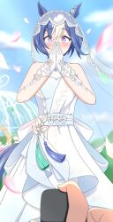 1girl absurdres blue_hair blush breasts bridal_veil bride cesario_(umamusume) cleavage collarbone gloves happy_tears highres horse_girl looking_at_viewer marriage_proposal medium_breasts medium_hair petals pov pov_hands purple_eyes sky tears umamusume veil y_k_(user_maxh5525)
