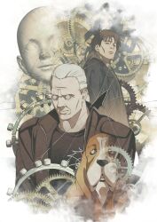 2boys absurdres artificial_eye basset_hound batou_(gits) black_shirt brown_hair brown_jacket cheekbones closed_mouth coat collar dog edoya_inuhachi gears ghost_in_the_shell ghost_in_the_shell:_innocence hair_pulled_back highres jacket male_focus mature_male medium_hair multiple_boys parted_lips shirt togusa_(gits) trench_coat white_hair