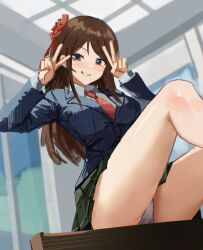 1girl blazer blue_eyes blue_jacket breasts brown_hair commentary danraz0r double_v english_commentary green_skirt grin hands_up highres jacket legs_up long_hair long_sleeves looking_at_viewer medium_breasts miniskirt necktie original panties pleated_skirt school_uniform sitting skirt smile solo thighs undershirt underwear v v-shaped_eyebrows white_panties wing_collar