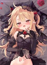 1girl babydoll bat_wings black_ribbon black_sleeves blonde_hair blush breasts commentary_request copyright_notice demon_girl detached_sleeves fang flower hair_flower hair_ornament hair_ribbon hand_on_own_stomach highres horns jewelry long_hair lying natsuki_marina navel on_back open_mouth orange_eyes original red_flower red_nails red_rose ribbon ring rose small_breasts solo stomach twitter_username upper_body wings