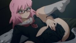 1girl black-framed_eyewear black_serafuku black_skirt blush boku_no_hero_academia closed_mouth collarbone commentary female_masturbation fingering fingering_through_clothes fingernails glasses haneyama_kazuho highres keihh long_hair long_sleeves masturbation midriff nail_polish neckerchief panties pink_eyes pink_hair pink_nails red_neckerchief red_panties sailor_collar school_uniform serafuku skirt socks solo thighs through_clothes underwear vigilante_-boku_no_hero_academia:_illegals- white_sailor_collar white_socks