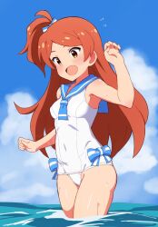 1girl :d armpits blue_bow blue_ribbon blue_sailor_collar blue_sky blush bow breasts cloud cloudy_sky covered_navel cowboy_shot dot_nose flipped_hair hair_ribbon hand_up high_side_ponytail highres idolmaster idolmaster_million_live! idolmaster_million_live!_theater_days long_hair nejime_(nejimeinu) ocean ogami_tamaki one-piece_swimsuit open_mouth orange_hair parted_bangs ribbon ribbon-trimmed_swimsuit ribbon_trim sailor_collar sailor_one-piece_swimsuit sailor_swimsuit_(idolmaster) sidelocks sky small_breasts smile solo standing sweat sweatdrop swimsuit water water_drop yellow_eyes