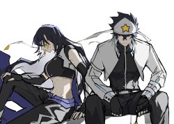1boy 1girl absurdres aotu_world bandana belt black_gloves black_hair black_pants black_shirt breasts brother_and_sister chinese_commentary closed_mouth crop_top cropped_jacket earrings elbow_gloves fingerless_gloves gloves hair_between_eyes headband highres jacket jewelry knee_up large_breasts long_hair long_sleeves looking_at_another midriff navel open_clothes open_jacket pants parted_lips pingyooooxuannian pointy_ears purple_eyes ray_(aotu_world) rey_(aotu_world) shirt short_hair siblings simple_background sitting star_(symbol) star_print vest white_background white_headband white_jacket white_vest
