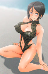 1girl beach black_hair black_one-piece_swimsuit blue_eyes blurry blush breasts brown_one-piece_swimsuit camouflage chouno_ami cleavage cleavage_cutout closed_mouth clothing_cutout collarbone covered_erect_nipples day depth_of_field female_focus from_side full_body girls_und_panzer green_one-piece_swimsuit groin hair_between_eyes halterneck hand_on_foot hand_on_ground highres hip_vent large_breasts looking_at_viewer nanashi_noiji navel navel_cutout ocean one-piece_swimsuit outdoors parted_bangs shiny_clothes shiny_skin short_hair sitting smile solo spread_legs swept_bangs swimsuit v-shaped_eyebrows