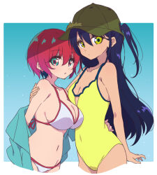 Rule 34 | 2girls, amate yuzuriha, aqua eyes, bikini, blue background, breasts, commentary request, dark-skinned female, dark skin, gradient background, green hat, grey background, gundam, gundam gquuuuuux, hat, highres, large breasts, long hair, mel (melty pot), multiple girls, navel, nyaan (gundam gquuuuuux), one-piece swimsuit, purple hair, red hair, short hair, small breasts, swimsuit, tan, two-tone background, white bikini, yellow eyes, yellow one-piece swimsuit