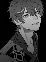 1boy absurdres black_background collarbone double-parted_bangs eyelashes genshin_impact hair_between_eyes highres kna1o looking_at_viewer male_focus parted_lips short_hair simple_background smile solo tartaglia_(genshin_impact) upper_body