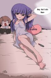 1girl barefoot blue_eyes blue_hair drawskeiichi dress feet furude_rika highres higurashi_no_naku_koro_ni long_hair looking_at_viewer parted_lips toes