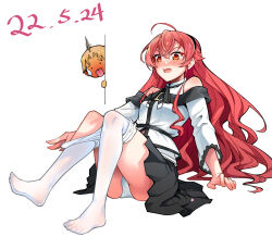 1boy 1girl ahoge black_hairband black_skirt blush chibi chibi_inset chubb clothes_pull clothing_cutout dated eris_greyrat fang feet hair_between_eyes hairband highres legs long_hair long_sleeves mushoku_tensei open_mouth pantyhose pantyhose_pull red_eyes red_hair rudeus_greyrat shirt shoulder_cutout simple_background sitting skirt thighs very_long_hair white_background white_pantyhose white_shirt