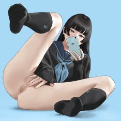 1girl anus ass black_eyes black_hair black_sweater blue_background blue_neckerchief blunt_bangs cellphone covered_mouth covering_privates covering_crotch feet female_masturbation highres hime_cut hiramedousa holding holding_phone kneehighs long_hair long_sleeves looking_at_phone masturbation mole mole_on_ass neckerchief no_legwear no_panties no_shoes original phone realistic sailor_collar school_uniform serafuku simple_background sitting smartphone socks solo spread_legs straight_hair sweater thighs uncensored