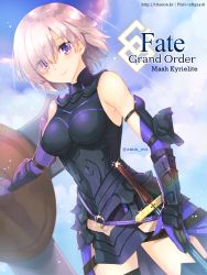 1girl arm_guards armor armored_dress bad_id bad_pixiv_id black_gloves black_leotard black_thighhighs character_name closed_mouth copyright_name cowboy_shot dress dutch_angle eyes_visible_through_hair fate/grand_order fate_(series) female_focus gloves hair_over_one_eye leotard looking_at_viewer mash_kyrielight outdoors pink_hair pixiv_id purple_eyes purple_gloves sheath sheathed short_hair smile solo standing sword thighhighs trianon watermark weapon web_address