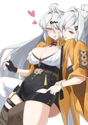absurdres black_gloves blush breasts cleavage clothing_cutout fingerless_gloves gloves grabbing_another&#039;s_breast grabbing_from_behind groping hair_ornament hairclip high-waist_shorts highres jacket large_breasts long_hair mole mole_under_eye open_mouth red_eyes second-party_source shorts simple_background very_long_hair waxgourd white_background white_hair yellow_eyes yellow_jacket yixuan_(zenless_zone_zero) yuri zenless_zone_zero