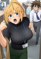 Rule 34 | 3girls, alternate costume, aqua (konosuba), bags under eyes, black sweater, blonde hair, breasts, brown hair, checkered floor, chris (konosuba), contemporary, darkness (konosuba), formal clothes, green skirt, highres, holding another&#039;s wrist, indoors, izawa (bhive003), jitome, kono subarashii sekai ni shukufuku wo!, lanyard, large breasts, looking at another, multiple girls, office, office lady, ponytail, ribbed sweater, satou kazuma, skirt, sleep mask, sweater, walking