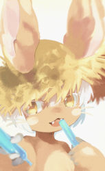 1other :3 animal_ears brown_fur chachi_(azuzu) ears_through_headwear fangs food furry hair_between_eyes hands_up hat holding holding_food horizontal_pupils incoming_food looking_at_viewer made_in_abyss nanachi_(made_in_abyss) open_mouth other_focus short_hair simple_background solo straw_hat sun_hat topless_other tupet upper_body white_background white_hair yellow_eyes