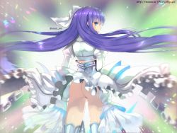 10s 1girl armor armored_boots ass bad_id bad_pixiv_id blue_eyes boots closed_mouth coat fate/extra fate/extra_ccc fate/grand_order fate/stay_night fate_(series) female_focus floating_hair frills from_behind hair_ribbon juliet_sleeves long_hair long_sleeves looking_at_viewer looking_back meltryllis_(fate) meltryllis_(third_ascension)_(fate) parody pixiv_id puffy_sleeves purple_hair ribbon smile solo thighhighs thighs trianon twitter_username watermark web_address white_coat white_ribbon wind wind_lift