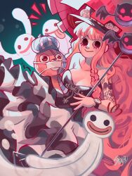 Rule 34 | 1girl, arm tattoo, bare shoulders, breasts, cleavage, commentary, dress, flower, frilled dress, frills, ghost, hat, hat flower, highres, holding, holding umbrella, kumacy, long dress, long hair, mask, mouth mask, notice lines, one piece, perona, signature, smile, stiflart, stuffed toy, tattoo, tongue, tongue out, umbrella