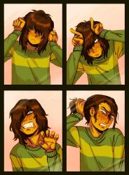 1other bakedbananners1 blush brown_hair bunching_hair claw_pose clenched_teeth closed_mouth collarbone colored_skin covered_eyes deltarune green_sweater hair_over_one_eye highres horns_pose kris_(deltarune) medium_hair multiple_moles open_mouth other_focus paw_pose split_screen striped_clothes striped_sweater sweater teeth yellow_skin