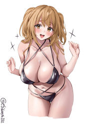 Rule 34 | 1girl, artist name, bare shoulders, bikini, black bikini, blush, breasts, brown eyes, collarbone, cropped legs, ebifurya, gluteal fold, groin, hair between eyes, hands up, highres, i-26 (kancolle), kantai collection, large breasts, leaning forward, light brown hair, long hair, looking at viewer, navel, o-ring, o-ring bikini, one-hour drawing challenge, open mouth, sidelocks, simple background, skindentation, smile, solo, sparkle, strap gap, swimsuit, teeth, thigh gap, thighs, tongue, twitter username, two side up, upper teeth only, white background