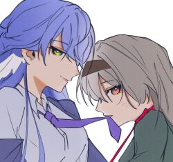 Rule 34 | 2girls, alternate costume, black hairband, blue hair, blvepalette, breasts, closed mouth, collar, collared shirt, feathered wings, firefly (honkai: star rail), formal clothes, green eyes, grey hair, grey jacket, hair between eyes, hairband, half-closed eyes, head wings, honkai: star rail, honkai (series), jacket, leash, lipstick mark, long hair, looking at viewer, medium breasts, multiple girls, necktie, open clothes, open jacket, pink eyes, purple jacket, purple necktie, red collar, robin (honkai: star rail), shirt, simple background, smile, suit, suit jacket, teeth, upper body, white background, wings, yuri