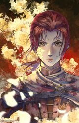 Rule 34 | 1girl, absurdres, blood, blood on clothes, closed mouth, commentary, dated, elden ring, eyelashes, falling petals, flower, highres, looking at viewer, medium hair, millicent (elden ring), petals, pink lips, red background, red hair, scar, signature, solo, upper body, v-shaped eyebrows, yeeej, yellow eyes, yellow flower