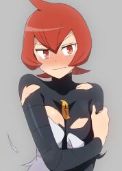 1girl black_bodysuit blush bodysuit breasts closed_mouth cowlick curakuru grey_background hair_between_eyes highres holding_own_arm mars_(pokemon) medium_breasts nintendo pokemon pokemon_dppt red_eyes red_hair short_hair simple_background solo team_galactic team_galactic_uniform torn_bodysuit torn_clothes upper_body wavy_mouth