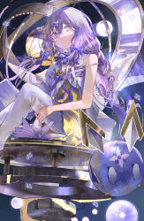 1girl absurdres arcaea bare_shoulders book bow braid charon_(arcaea) collar dress hair_between_eyes hair_ornament highres jacket lagrange_(arcaea) long_hair milbi monocle purple_bow purple_eyes purple_hair sidelocks single_braid solo twintails white_jacket yellow_dress