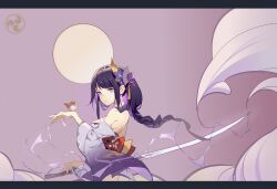 1girl absurdres animal animal_on_hand back_bow bare_back bird blunt_bangs bow braid breasts chinese_commentary closed_mouth detached_sleeves electricity from_side full_moon genshin_impact hair_flowing_over hair_ornament highres holding holding_sword holding_weapon japanese_clothes kimono large_breasts long_braid long_hair long_sleeves looking_at_viewer looking_to_the_side mitsudomoe_(shape) mole mole_under_eye moon mudined multicolored_hair nape ocean off_shoulder pink_lips purple_background purple_eyes purple_hair purple_kimono raiden_shogun single_braid solo streaked_hair sword tattoo tomoe_(symbol) water waves weapon wide_sleeves