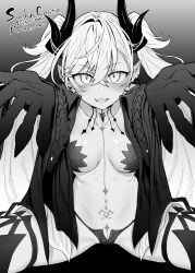 1girl body_markings breasts choker cloak colored_extremities crossed_bangs demon_girl demon_horns demon_wings ear_piercing fate/grand_order fate_(series) greyscale hair_between_eyes highres horns lilith_(fate) lilith_(second_ascension)_(fate) long_hair looking_at_viewer medium_breasts monochrome navel outstretched_arms panties piercing pointy_ears stomach_tattoo suga_hideo tattoo thighhighs thighs twintails underwear very_long_hair wings