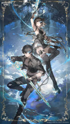 1boy 1girl absurdres aqua_eyes arm_up bandaged_arm bandages black_boots black_bow black_dress black_gloves black_hair black_jacket black_pants black_pouch black_shorts black_thighhighs boots bow breasts closed_mouth collared_jacket colored_inner_hair commentary copyright_notice cross-laced_clothes cross-laced_dress dress dual_persona earrings english_commentary eye_trail female_rover_(wuthering_waves) gloves grey_shirt hair_between_eyes hair_bow heterochromia highres holding holding_sword holding_weapon jacket jewelry large_breasts light_trail logo long_hair looking_at_viewer male_rover_(wuthering_waves) mei_ren multicolored_hair pangu_terminal_(wuthering_waves) pants parted_lips pelvic_curtain pouch rover_(wuthering_waves) shirt short_shorts shorts sleeveless sleeveless_dress sword thigh_boots thigh_pouch thighhighs thighhighs_under_boots triangle_earrings very_long_hair weapon white_hair wuthering_waves yellow_eyes