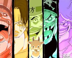 5boys beard black_hair buggy_the_clown clown_nose evil_smile facial_hair facial_scar facial_tattoo fat gear_fifth goat goatee grin hat highres long_hair looking_to_the_side male_focus marshall_d._teach missing_tooth monkey_d._luffy multiple_boys one_piece open_clothes open_mouth panels pectorals pirate_hat scar scar_across_eye scar_on_cheek scar_on_face shanks_(one_piece) shirt short_hair signature smile spoilers stubble tacchan56110 tagme tattoo teeth tongue tongue_out