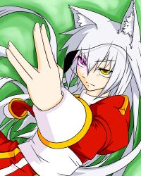 Rule 34 | 1girl, \\//, animal ear fluff, animal ears, closed mouth, commentary request, dress, eyepatch, fox ears, glowing, glowing eye, green background, hair between eyes, heterochromia, high priest (ragnarok online), juliet sleeves, long bangs, long hair, long sleeves, puffy sleeves, purple eyes, ragnarok online, red dress, sash, sera (hitsuji to kitsune), solo, two-tone dress, unworn eyepatch, upper body, very long hair, white dress, white hair, white sash, yellow eyes