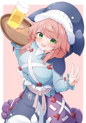 1girl :d alcohol beer beer_mug blue_hat blue_shirt blue_skirt blush border breasts commentary_request cowboy_shot cup double_v green_eyes hands_up hat holding holding_tray large_breasts long_sleeves looking_at_viewer mug okunoda_miyoi open_mouth outside_border pink_background purple_hair rururiaru sash shirt short_hair simple_background skirt smile solo touhou tray v whale_hat white_border white_sash