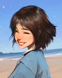 1girl :d beach bird blue_jacket blue_sky bob_cut brown_eyes brown_hair dutch_angle grin hair_flowing_over highres jacket looking_at_viewer medium_hair mountainous_horizon open_mouth original portrait procreate_(medium) sam_yang sky smile squinting surf