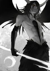 1boy black_hair black_sclera black_skin bleach colored_sclera colored_skin from_below grey_background holding holding_weapon hole_on_body horns long_hair looking_at_viewer male_focus mi8pq moon serious simple_background solo toned toned_male ulquiorra_cifer weapon white_skin yellow_eyes