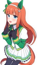 1girl animal_ears black_bow black_bowtie black_gloves black_pantyhose blue_eyes blunt_bangs bow bowtie commission double_v ear_covers gloves hair_ornament hairband hairclip highres hime_cut horse_ears horse_girl horse_tail long_hair long_sleeves looking_at_viewer orange_hair orange_tail pantyhose pleated_skirt shiro_(branch0126) silence_suzuka_(umamusume) simple_background skeb_commission skirt solo tail umamusume v white_background white_hairband white_skirt