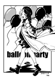 Rule 34 | 1girl, :d, ankle boots, artist name, balloon, balloon party, beret, boots, braid, character name, coat, dated, floating hair, freckles, from side, full body, greyscale, hakyusiku, hat, highres, inset border, long hair, looking at viewer, low twin braids, monochrome, multicolored hair, off shoulder, open mouth, outside border, reverse:1999, signature, skirt, smile, socks, solo, split-color hair, suspender skirt, suspenders, too many balloons, twin braids, very long hair, walking, white background
