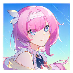 1girl blue_background blue_eyes border commentary elf elysia_(honkai_impact) hairband honkai_(series) honkai_impact_3rd long_hair looking_at_viewer official_alternate_costume pink_hair pointy_ears portrait shirt smile solo symbol-only_commentary user_kafc3353 white_border white_hairband white_shirt