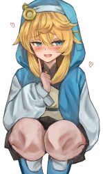 Rule 34 | 1boy, blonde hair, blue eyes, blue footwear, blush, bridget (guilty gear), guilty gear, guilty gear strive, hair between eyes, highres, hood, hoodie, male focus, naname sirosiro, sidelocks, skirt, solo, trap, white background