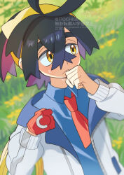 1boy black_hair blue_shirt blurry blurry_background clenched_hands closed_mouth collared_shirt colored_inner_hair commentary_request crossed_bangs day gloves grass hair_between_eyes hairband hands_up jacket kieran_(pokemon) long_sleeves male_focus multicolored_hair necktie nintendo open_clothes open_jacket orange_(orangelv20) outdoors pokemon pokemon_sv red_necktie shirt single_glove solo sweat watermark yellow_hairband zipper