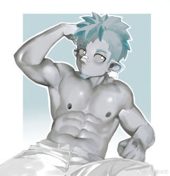 Rule 34 | 1boy, abs, arknights, armpits, bandaid, bandaid on face, bandaid on nose, biceps, blue hair, chameleon boy, chinese commentary, commentary request, ethan (arknights), facial hair, flexing, goatee, grey pants, highres, looking to the side, male focus, muscular, muscular male, navel, nipples, pants, pectorals, pointy ears, topless male, watermark, weibo watermark, yi tan a mi ba