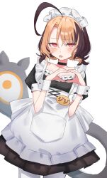 1girl absurdres ahoge alternate_costume aotake_iro apron black_dress blonde_hair brown_hair commentary cowboy_shot dress enmaided frilled_apron frills gigi_murin heart heart_hands highres hololive hololive_english looking_at_viewer low_twintails maid maid_apron maid_headdress multicolored_hair open_mouth pantyhose pink_eyes puffy_short_sleeves puffy_sleeves sharp_teeth short_hair short_sleeves short_twintails simple_background solo straight-on tail teeth twintails two-tone_hair virtual_youtuber white_apron white_background white_pantyhose wrist_cuffs