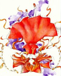 1girl ascot bow brown_hair detached_sleeves frilled_bow frilled_hair_tubes frills h1watar1 hair_bow hair_tubes hakurei_reimu long_hair looking_at_viewer painting_(medium) red_bow red_eyes red_skirt ribbon-trimmed_sleeves ribbon_trim skirt solo touhou traditional_media upside-down very_long_hair watercolor_(medium) yellow_ascot