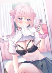 1girl black_bra blush bra breasts cellphone cleavage clothes_in_mouth clothes_lift collared_shirt double_bun hair_bun holding holding_phone kmr_7m large_breasts long_hair looking_at_viewer midriff mouth_hold navel original phone pink_hair pleated_skirt purple_eyes school_uniform scrunchie shirt shirt_in_mouth shirt_lift short_sleeves skirt smartphone solo stomach twintails underwear white_shirt wrist_scrunchie