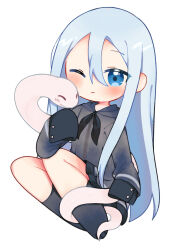 1girl animal blue_eyes blue_hair blush chibi commentary_request full_body highres hood hood_down hoodie long_hair long_sleeves neckerchief neko_oudon no_shoes one_eye_closed project_sekai skirt sleeves_past_fingers sleeves_past_wrists smile snake socks solo very_long_hair yoisaki_kanade