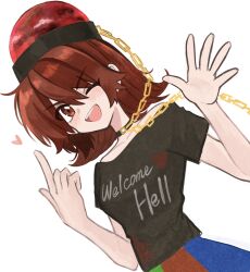 1girl bare_shoulders black_choker black_hat black_shirt blue_skirt blush breasts chain choker clothes_writing collarbone commentary_request gold_chain green_skirt hair_between_eyes hands_up hat heart heart_print hecatia_lapislazuli highres index_finger_raised looking_at_viewer medium_breasts multicolored_skirt off-shoulder_shirt off_shoulder one_eye_closed open_mouth red_eyes red_hair red_skirt shirt short_hair short_sleeves simple_background skirt smile solo standing staygold t-shirt teeth touhou underworld_(ornament) v-shaped_eyebrows white_background