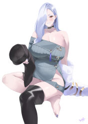 1girl absurdres bare_shoulders barefoot black_boots black_choker boots breasts brown_eyes choker closed_mouth collarbone duplicate earrings fate/grand_order fate_(series) hair_over_one_eye highres holding holding_boots holding_footwear holding_unworn_clothes huge_breasts jewelry kurozawa_yui long_hair looking_at_viewer mrs._snake_(fate) nail_polish no_panties off_shoulder one_eye_covered pixel-perfect_duplicate purple_nails sitting smile solo thigh_boots thigh_strap thighs toenail_polish toenails toes unworn_boots