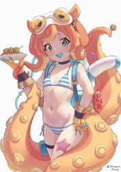 1girl absurdres artist_name bikini blue_bikini blue_eyes dated food highres holding holding_plate innertube looking_at_viewer navel open_mouth orange_hair plate princess_connect! ruinone rurui_(princess_connect!) sharp_teeth short_hair signature simple_background solo striped_bikini striped_clothes swim_ring swimsuit takoyaki teeth tentacle_girl tentacle_hair upper_teeth_only white_background