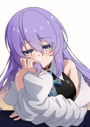 1girl arm_on_table black_choker breasts cheek_rest choker gradient_hair highres hololive hololive_indonesia jacket jitome kaiyen large_breasts long_hair moona_hoshinova moona_hoshinova_(1st_costume) multicolored_hair purple_eyes purple_hair sleeveless smile starry_hair virtual_youtuber white_background white_jacket