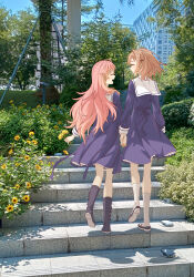 2girls absurdres black_boots black_shoes boots brown_hair building bush closed_eyes commentary day dress flower highres holding_hands innoarukugyou interlocked_fingers kagari_mimi kimi_ga_shinu_made_koi_wo_shitai knee_boots long_hair medium_hair multiple_girls open_mouth outdoors photo_background pink_hair purple_dress sailor_collar school_uniform shoes smile socks totsuki_shiina white_sailor_collar white_socks yellow_flower yuri